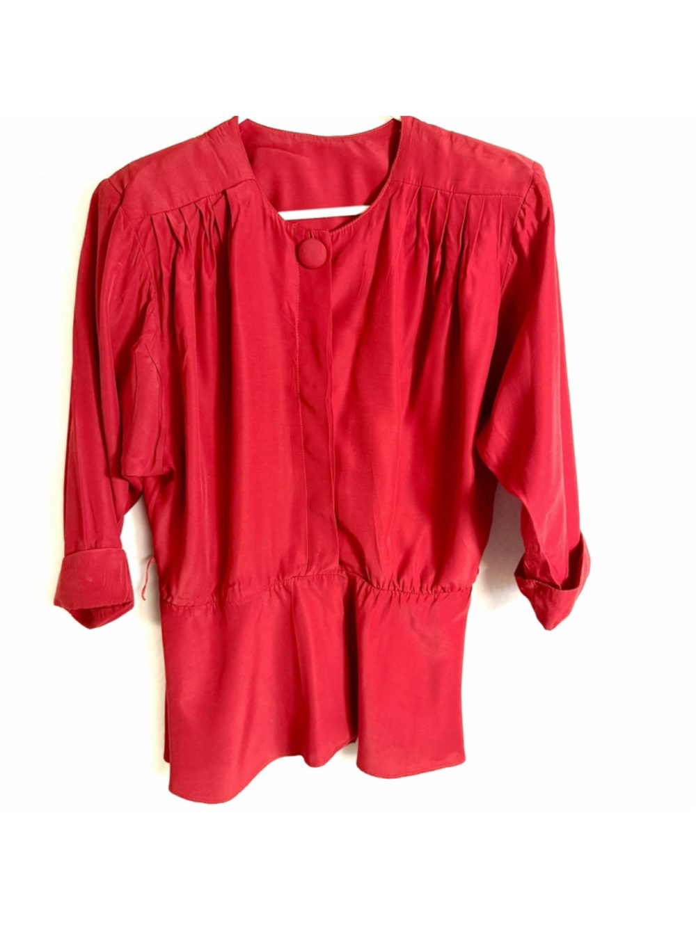 Vintage Red Satin Peplum Blouse Womens 12 Button Front Glam Top USA Made 80s